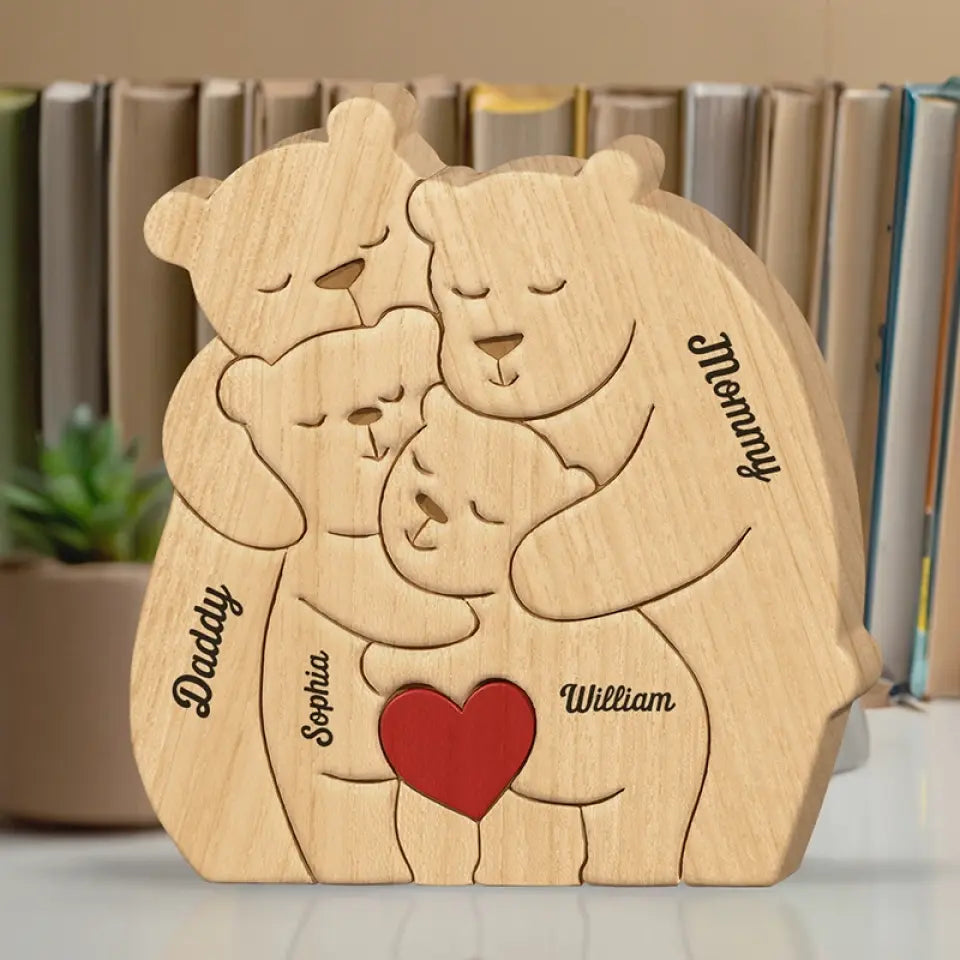 Together, We Make A Beautiful Family - Family Personalized Custom Bear Shaped Wooden Art Puzzle - Wooden Pet Carvings, Wood Sculpture Table Ornaments, Carved Wood Decor - Gift For Family Members