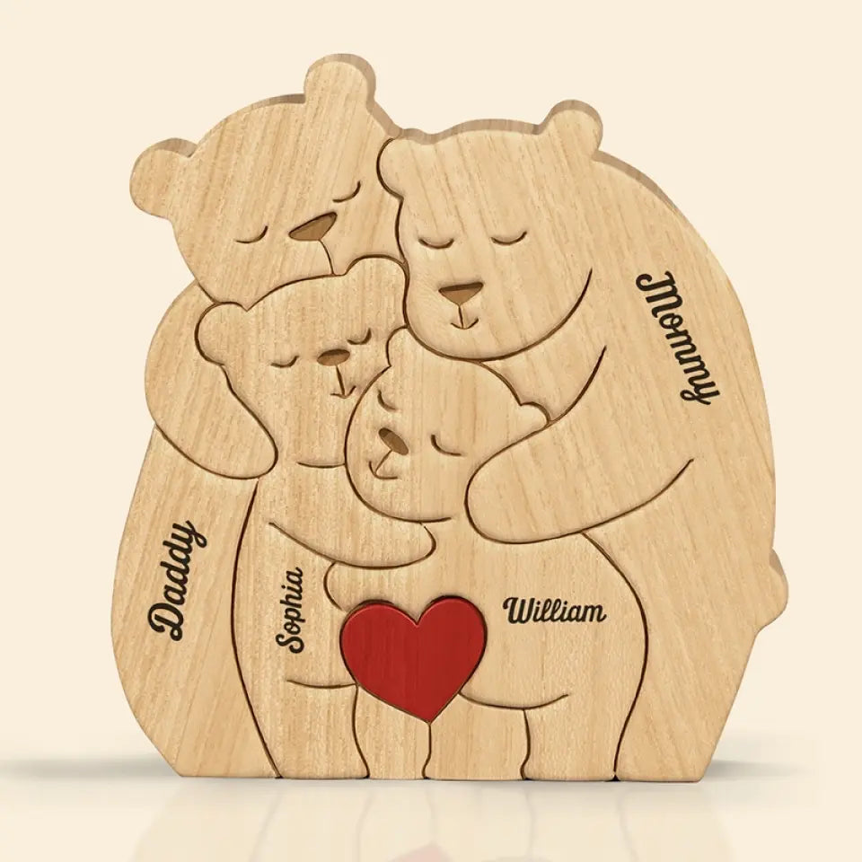 Together, We Make A Beautiful Family - Family Personalized Custom Bear Shaped Wooden Art Puzzle - Wooden Pet Carvings, Wood Sculpture Table Ornaments, Carved Wood Decor - Gift For Family Members