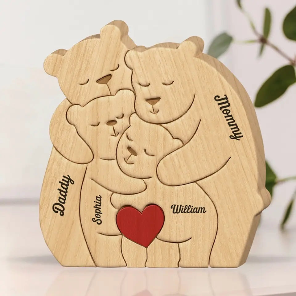 Together, We Make A Beautiful Family - Family Personalized Custom Bear Shaped Wooden Art Puzzle - Wooden Pet Carvings, Wood Sculpture Table Ornaments, Carved Wood Decor - Gift For Family Members