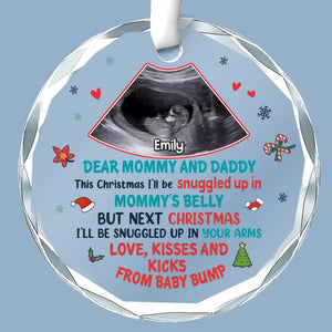Photo personnalisée ce Noël, je serai blotti dans le ventre de maman - Ornement en verre personnalisé en forme de cercle pour la famille - Cadeau de Noël pour bébé, enfant, nouveau-né