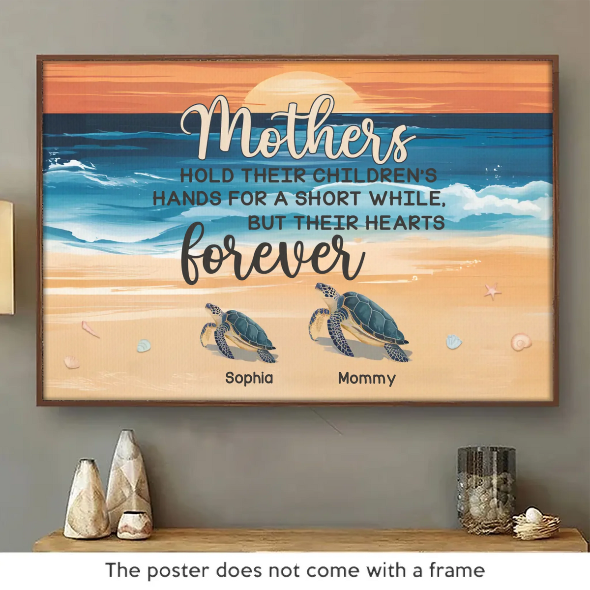 Telle une tortue, une maman porte son monde sur son dos - Affiche horizontale personnalisée pour la famille - Cadeau pour maman
