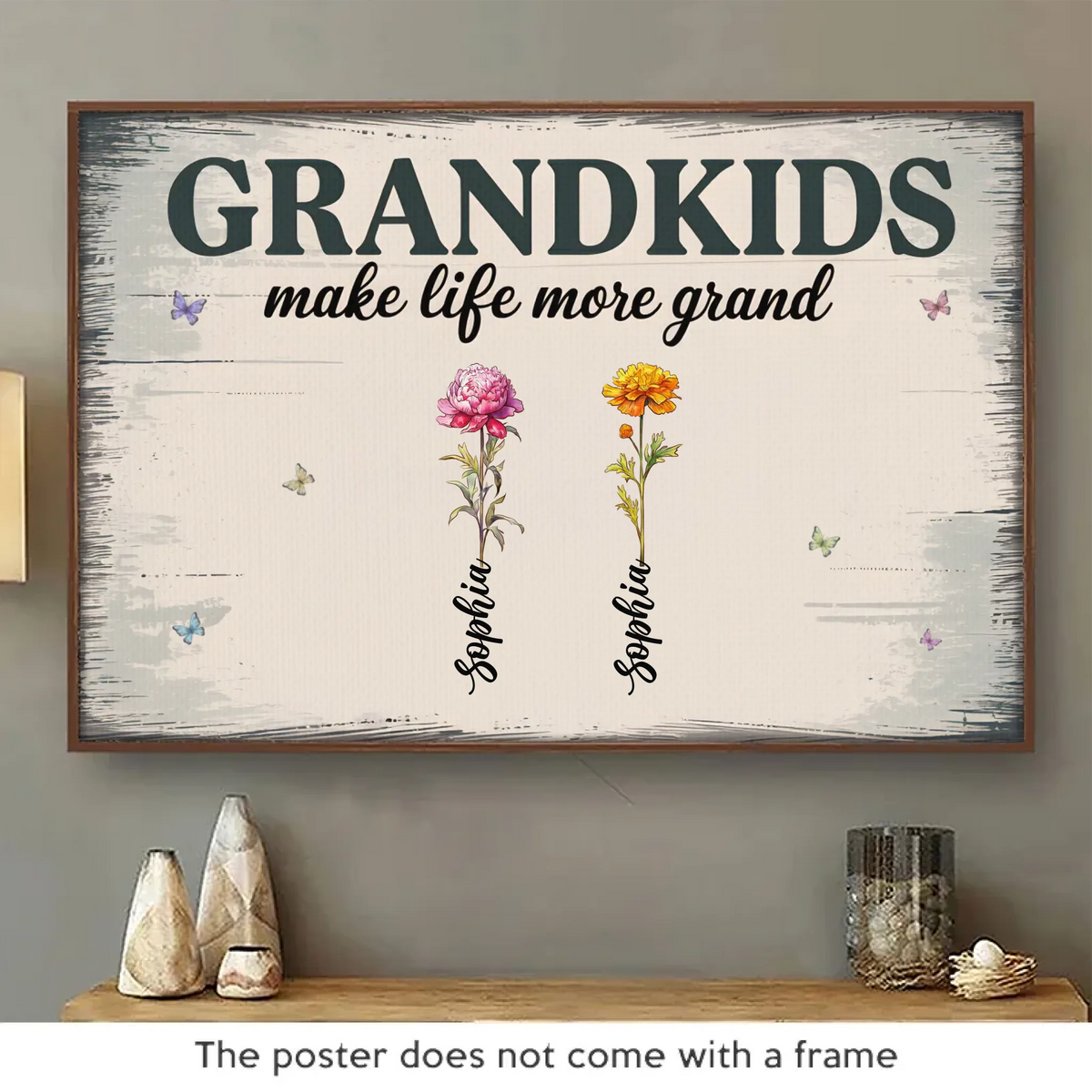 Béni avec des petits-enfants, béni avec amour - Affiche horizontale personnalisée pour la famille - Cadeau pour maman, grand-mère