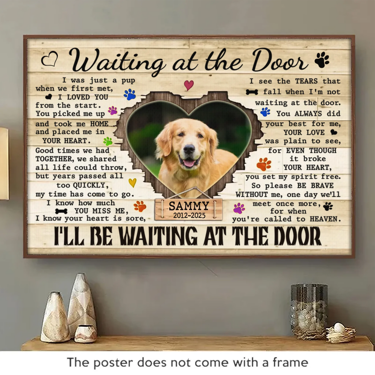 Photo personnalisée « J'attendrai à la porte » - Affiche horizontale personnalisée commémorative - Cadeau de condoléances pour les propriétaires d'animaux et les amoureux des animaux