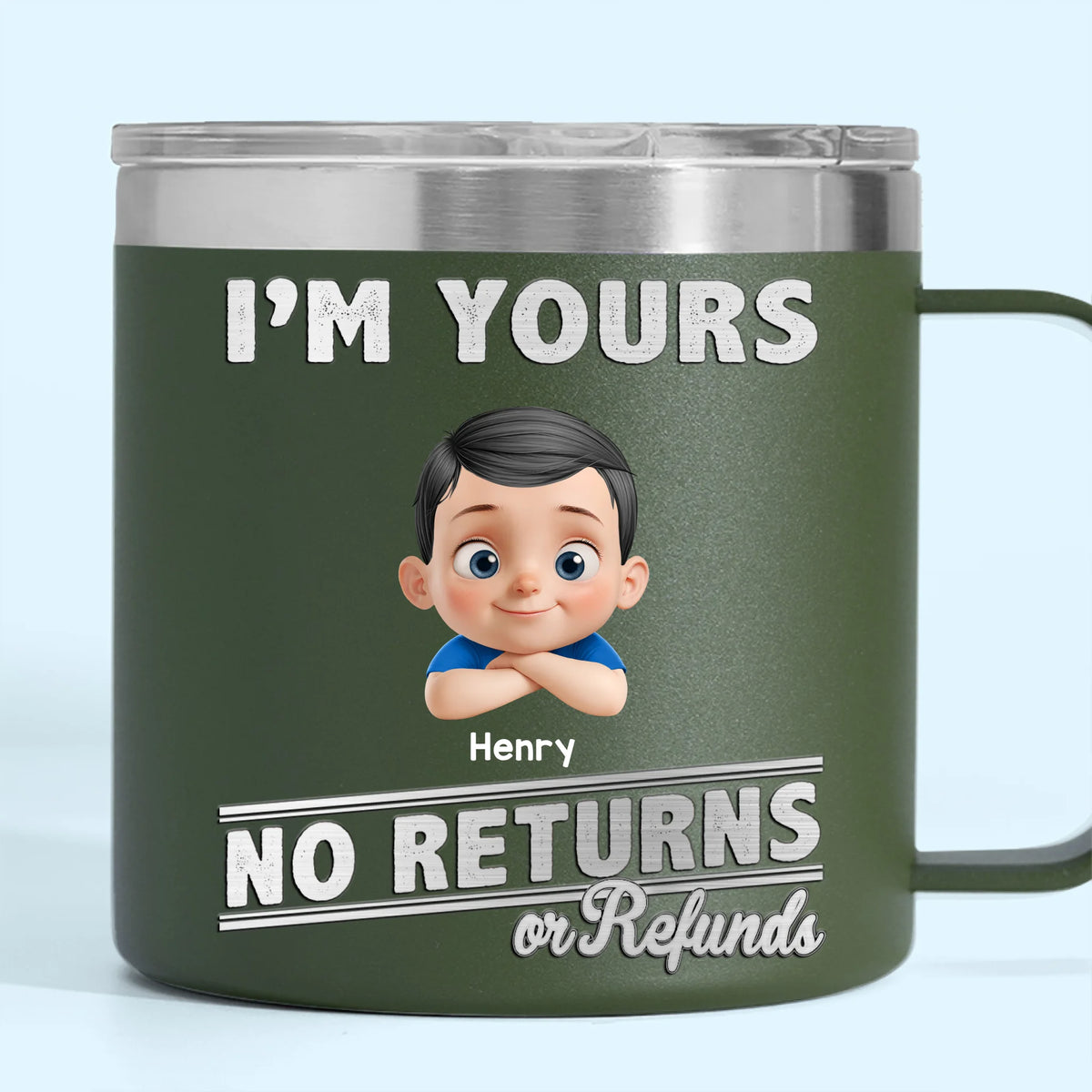 Paternité, aucune politique de retour depuis le premier jour - Gobelet personnalisé en acier inoxydable de 14 oz avec poignée pour la famille - Fête des pères, cadeau pour papa, grand-père