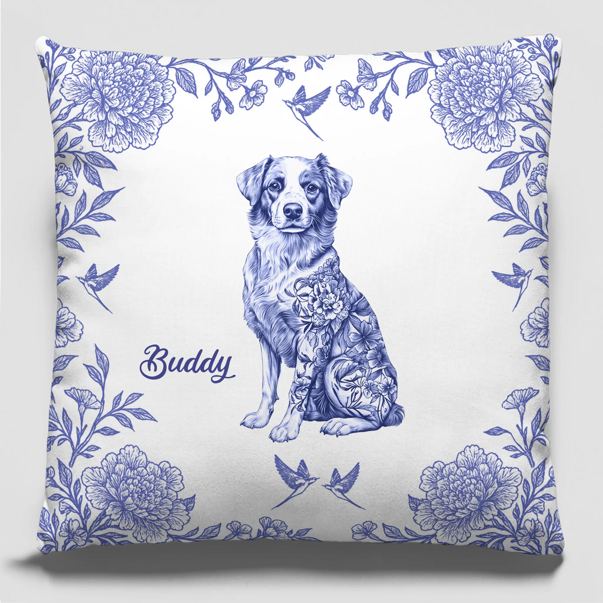 Empreintes de pattes parmi les pétales - Coussin personnalisé pour chien - Cadeau pour propriétaires et amoureux des animaux