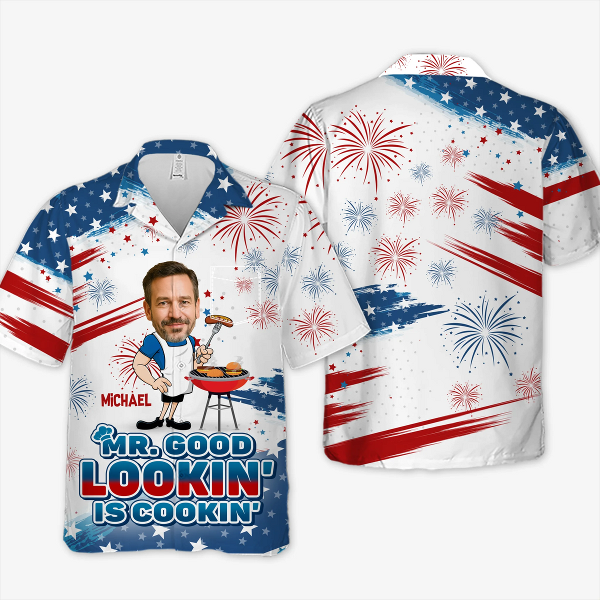 Photo personnalisée « M. Beau gosse cuisine » - T-shirt hawaïen unisexe tropical personnalisé pour la famille - Cadeau de vacances d'été, cadeau pour papa, grand-père, amoureux des voyages