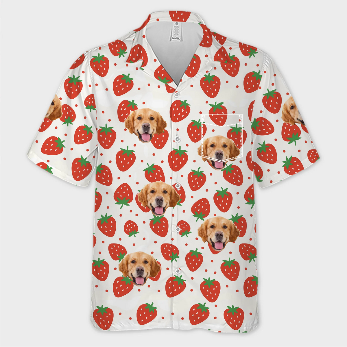 T-shirt hawaïen unisexe personnalisé avec photo de fraises et de sourires toute la journée pour chien et chat - Cadeau idéal pour les vacances d'été, les propriétaires d'animaux et les amoureux des animaux