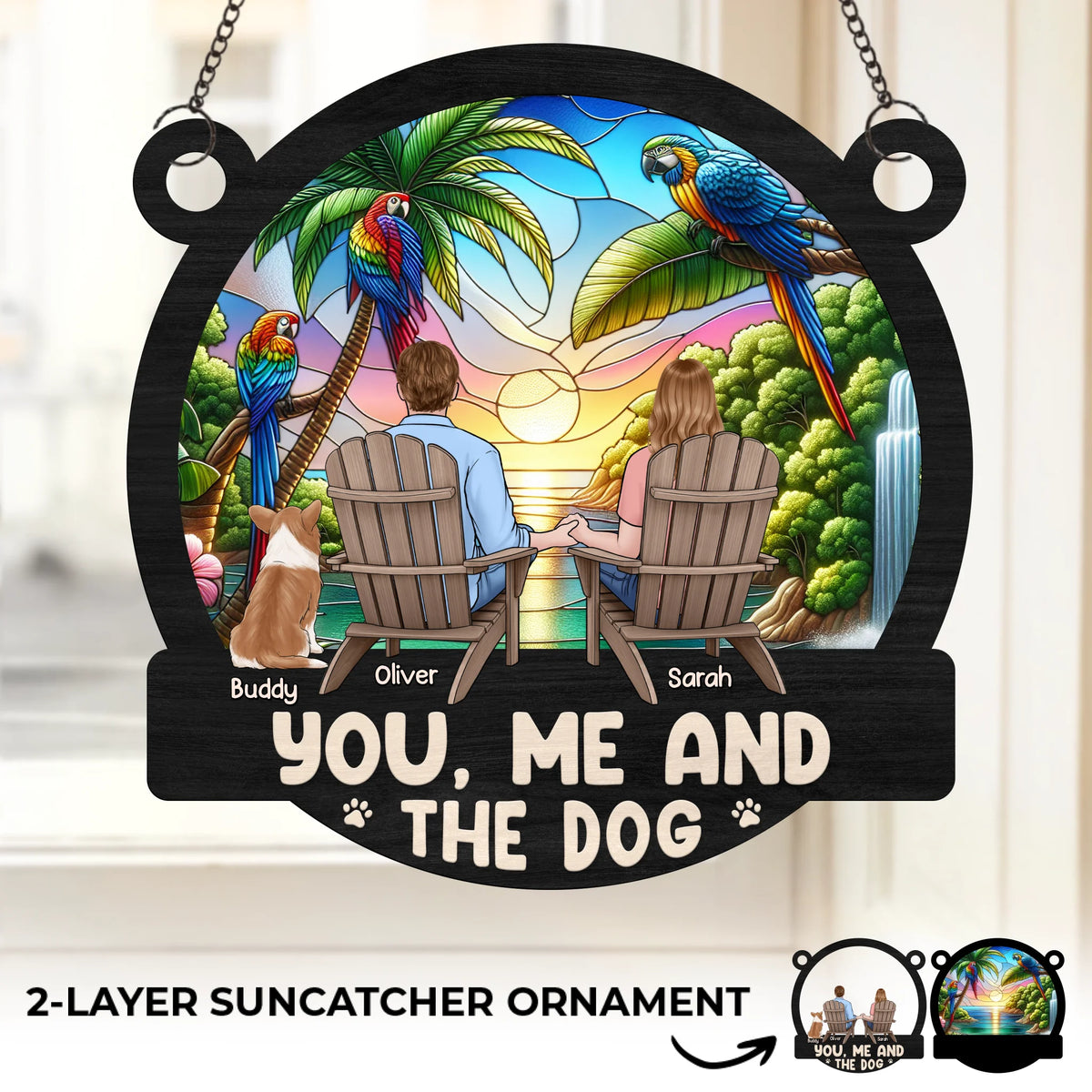 Ornement attrape-soleil personnalisé à suspendre à une fenêtre - Cadeaux d'anniversaire de mariage personnalisés pour mari et femme, papa et maman de chien - Toi, moi et beaucoup de Woof