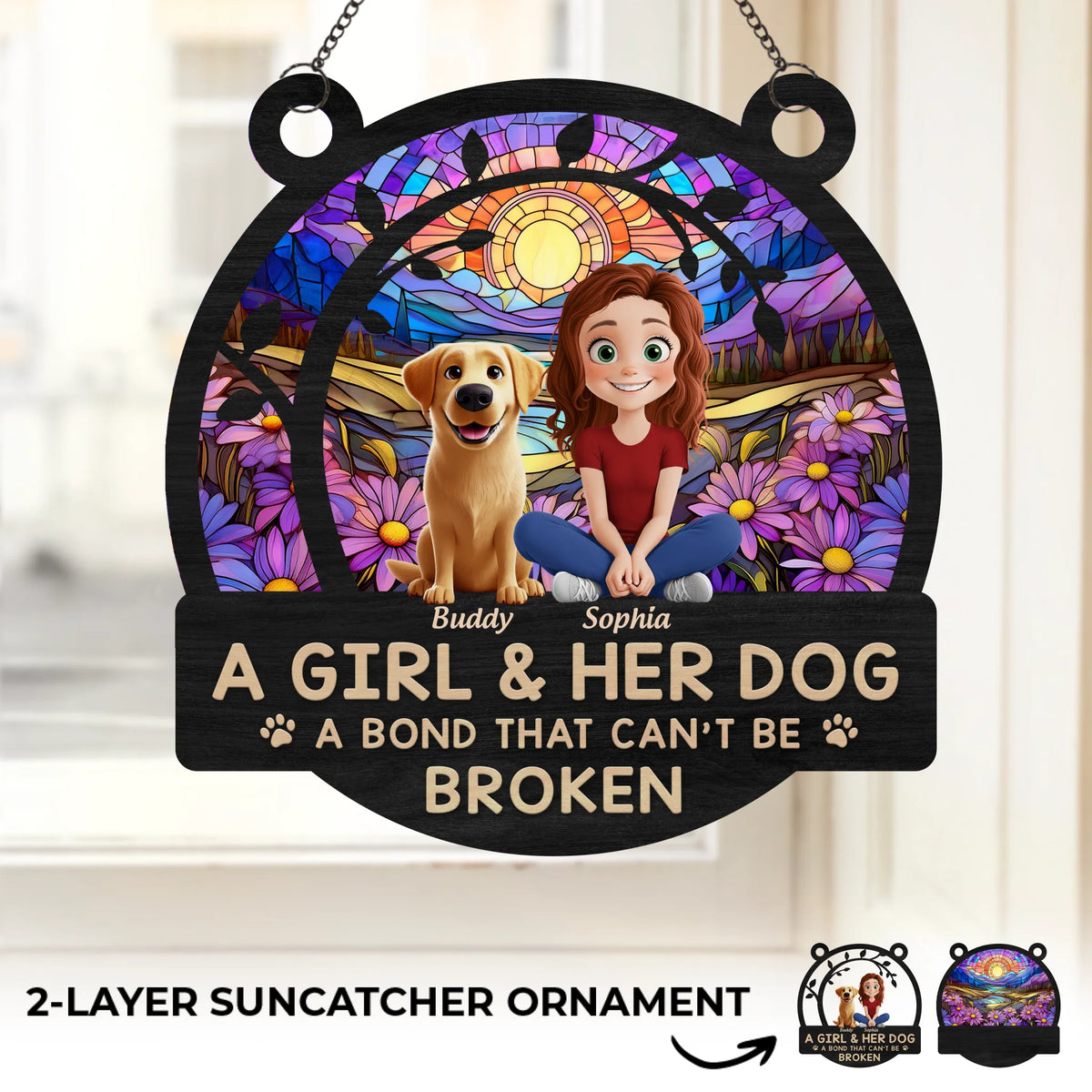Une fille et son chien, une histoire d'amour écrite en empreintes de pattes - Attrape-soleil personnalisé pour fenêtre - Cadeau pour propriétaires et amoureux des animaux