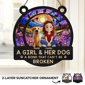 Une fille et son chien, une histoire d'amour écrite en empreintes de pattes - Attrape-soleil personnalisé pour fenêtre - Cadeau pour propriétaires et amoureux des animaux