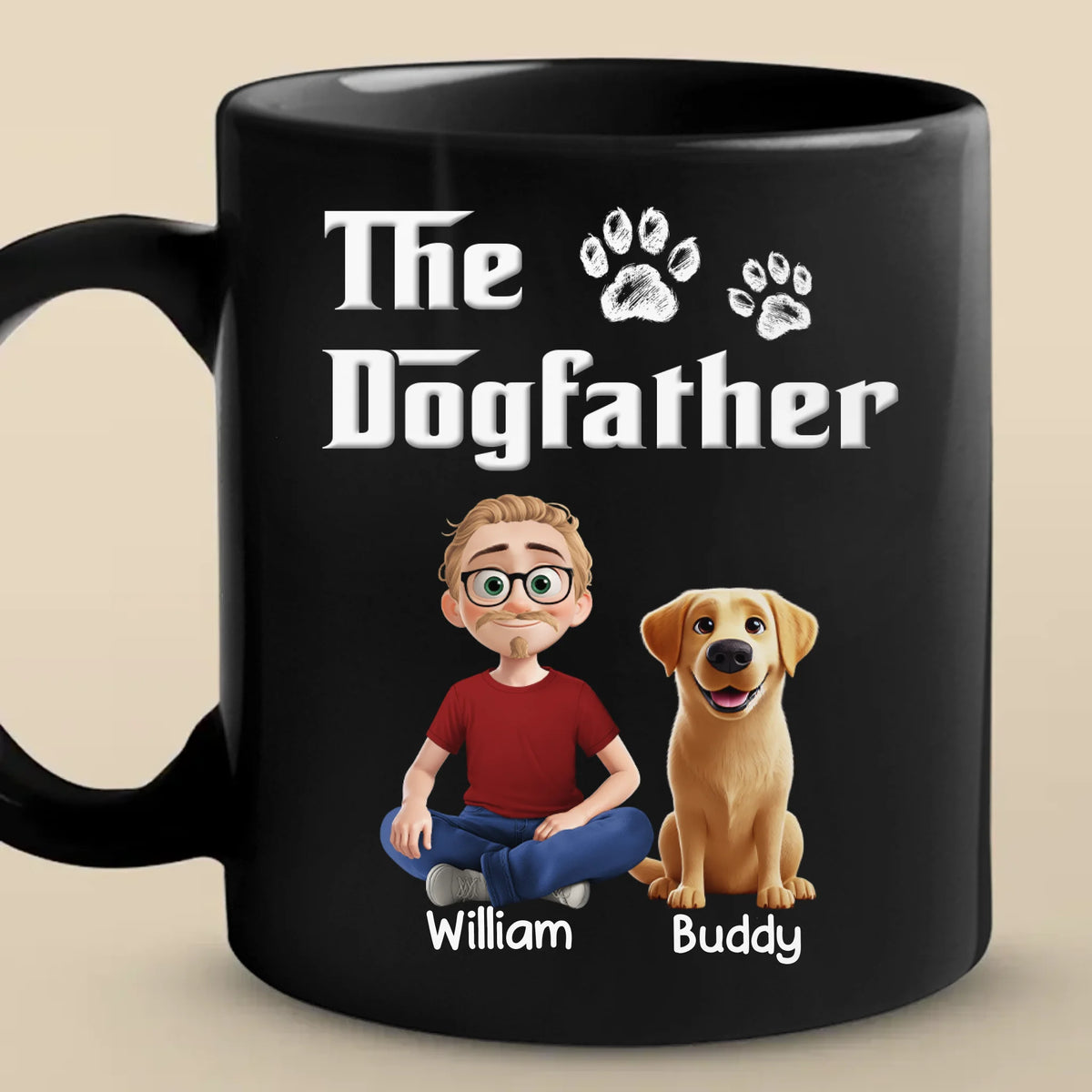The Dogfather - Mug noir personnalisé avec chien - Fête des pères, cadeau pour papa, propriétaires d'animaux, amoureux des animaux