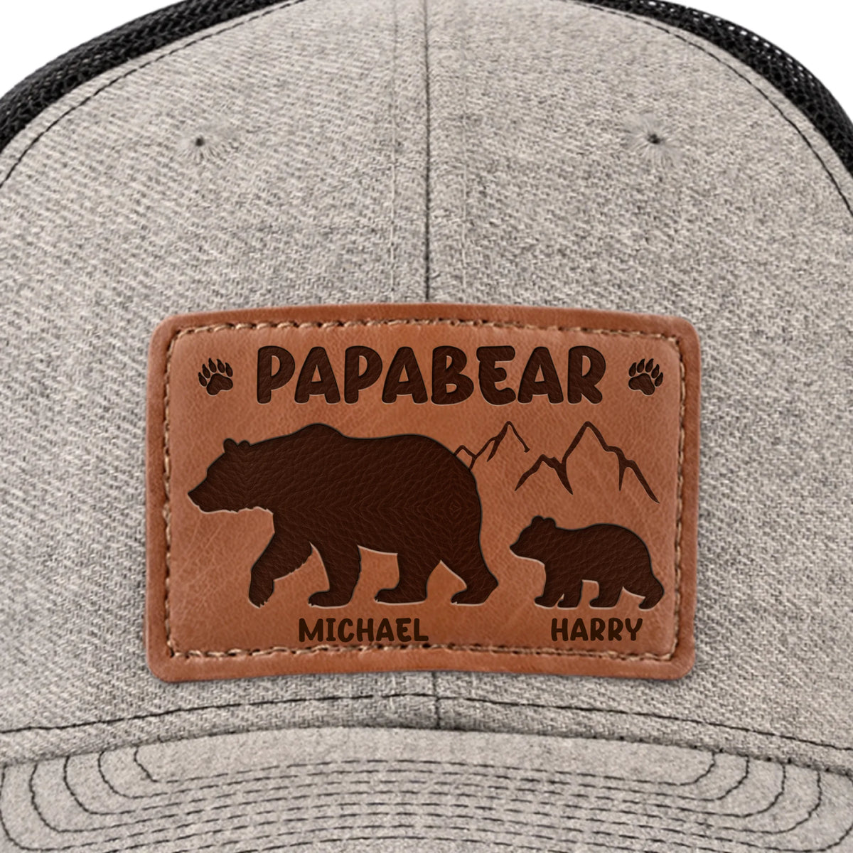 Papa Bear And His Cub - Family Personalized Custom Leather Patch Hat - Father's Day, Gift For Dad, Grandpa