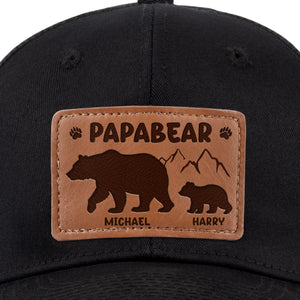 Papa Bear And His Cub - Family Personalized Custom Leather Patch Hat - Father's Day, Gift For Dad, Grandpa