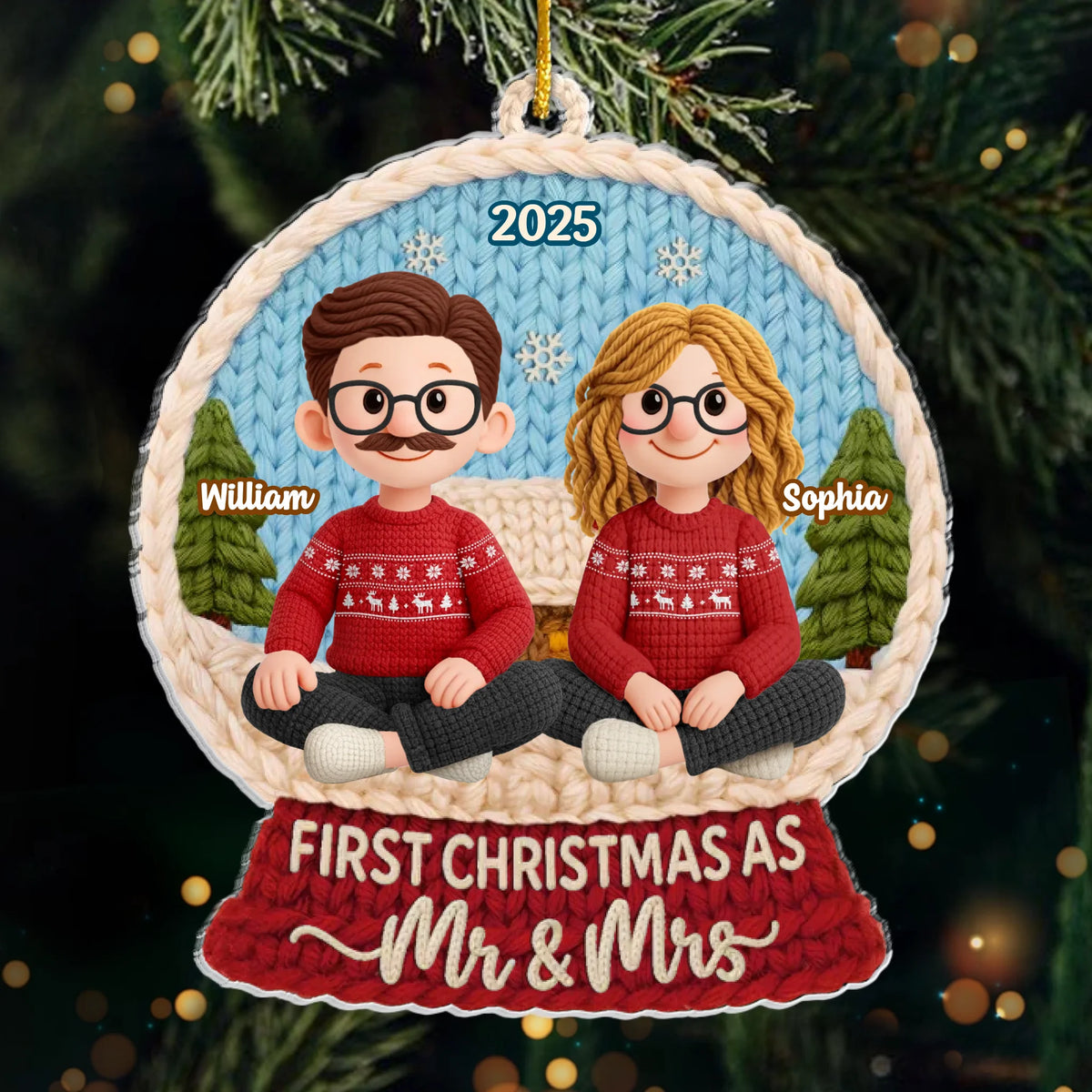Custom Crochet Acrylic Ornament - Personalized Anniversary Christmas Wedding Gifts For Husband And Wife, Him And Her - Crochet Couple, Christmas Cuddle