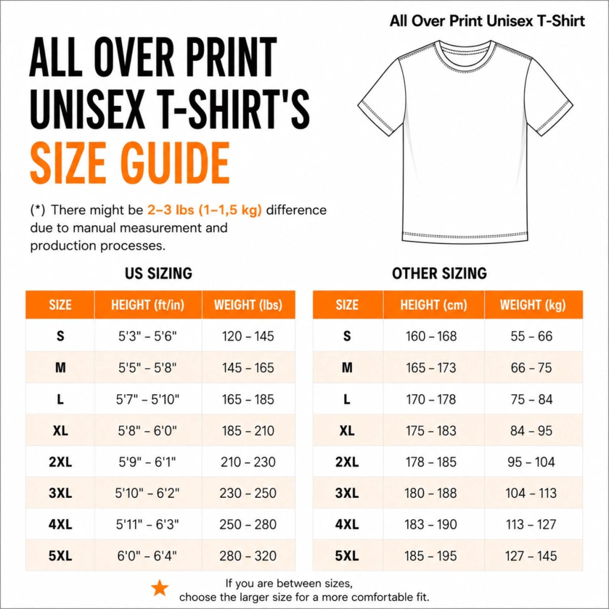 AOP shirt size chart