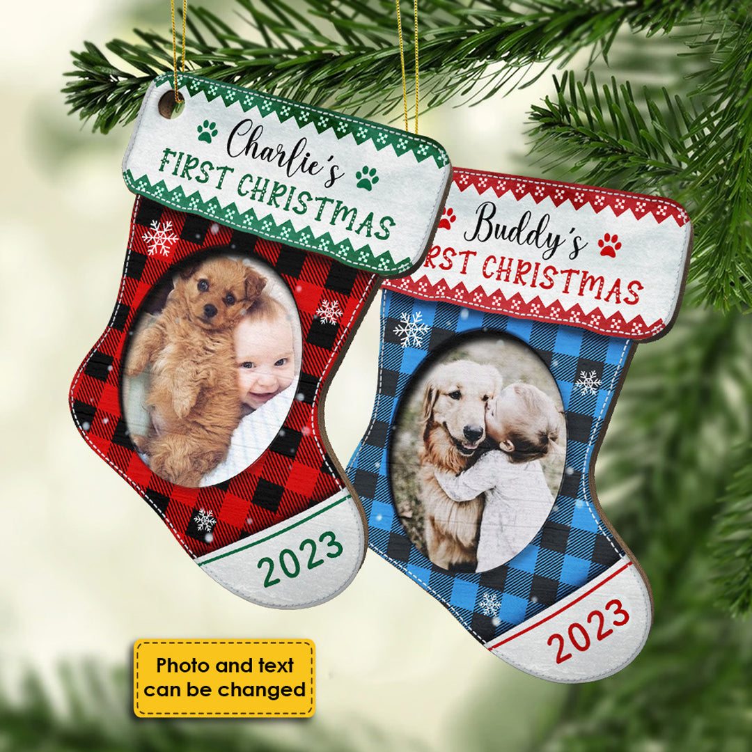 Premier Noël - Noël approche - Téléchargez une photo d'animal de compagnie - Décoration de Noël en bois personnalisée en forme de bas