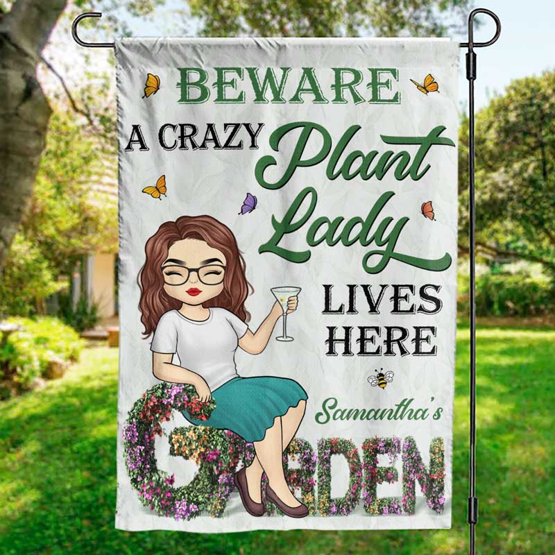 Attention, une folle aux plantes vit ici ! Drapeau de jardin personnalisé ! Cadeau pour les amateurs de jardinage