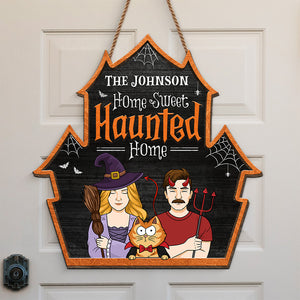Welcome To Our Sweet Haunted Home - Couple Personalized Custom Shaped Home Decor Witch Wood Sign - Halloween Gift For Husband Wife, Pet Owners, Pet Lovers