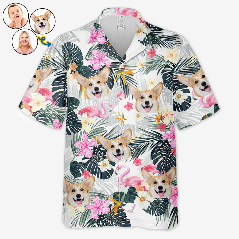 T-shirt hawaïen unisexe personnalisé avec photo « été » blanc et rose – Cadeau idéal pour les vacances d'été, les propriétaires d'animaux et les amoureux des animaux.