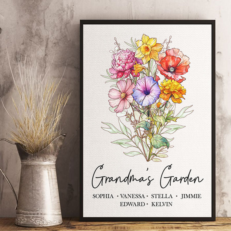 Histoires fleuries de générations - Affiche verticale personnalisée pour famille - Cadeau d'anniversaire pour grand-mère