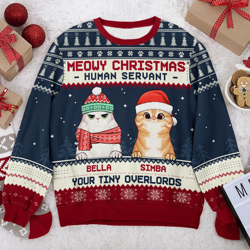 Sweat-shirt personnalisé « Serviteur humain de Noël » - Chat - Pull en laine unisexe - Cadeau de Noël pour les propriétaires et les amoureux des animaux