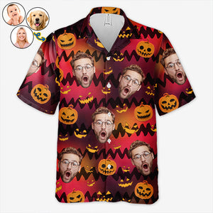 Photo personnalisée Quoi que vous fassiez, ne vous endormez pas - Chemise hawaïenne tropicale unisexe personnalisée pour la famille - Cadeau d'Halloween pour les membres de la famille, les propriétaires d'animaux de compagnie, les amoureux des animaux