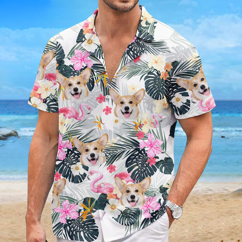 T-shirt hawaïen unisexe personnalisé avec photo « été » blanc et rose – Cadeau idéal pour les vacances d'été, les propriétaires d'animaux et les amoureux des animaux.