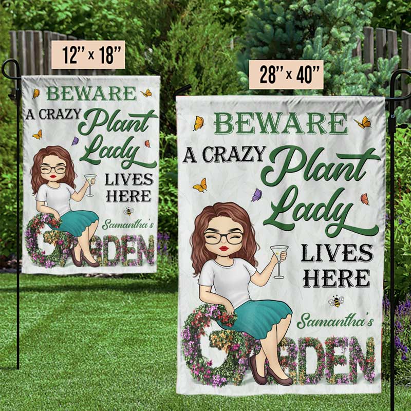 Attention, une folle aux plantes vit ici ! Drapeau de jardin personnalisé ! Cadeau pour les amateurs de jardinage