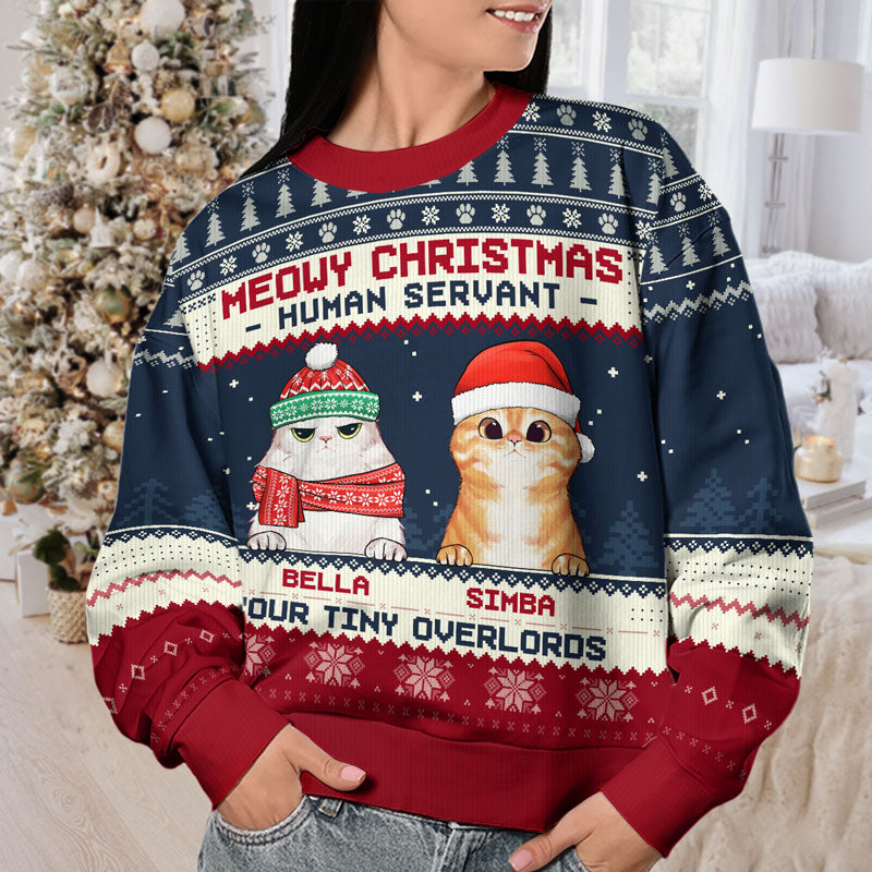 Sweat-shirt personnalisé « Serviteur humain de Noël » - Chat - Pull en laine unisexe - Cadeau de Noël pour les propriétaires et les amoureux des animaux