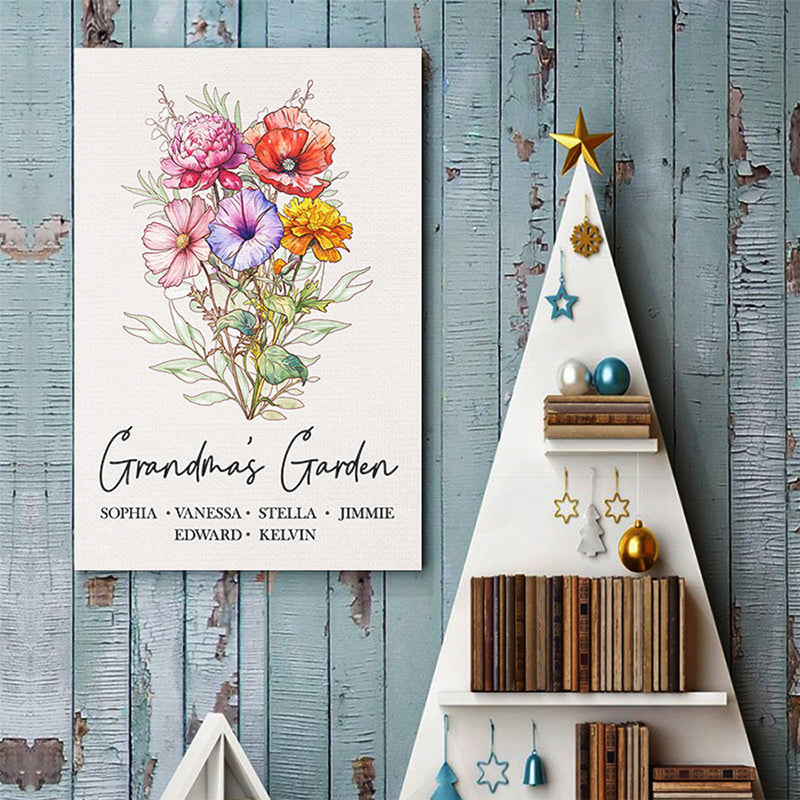 Histoires fleuries de générations - Affiche verticale personnalisée pour famille - Cadeau d'anniversaire pour grand-mère