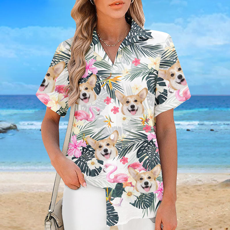 T-shirt hawaïen unisexe personnalisé avec photo « été » blanc et rose – Cadeau idéal pour les vacances d'été, les propriétaires d'animaux et les amoureux des animaux.