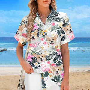 T-shirt hawaïen unisexe personnalisé avec photo « été » blanc et rose – Cadeau idéal pour les vacances d'été, les propriétaires d'animaux et les amoureux des animaux.