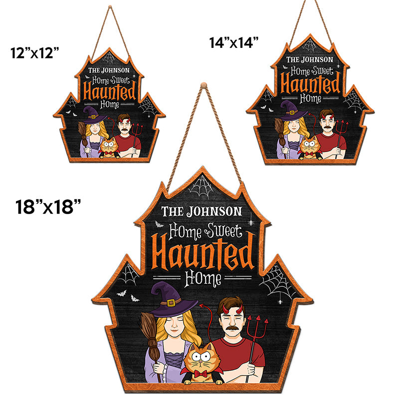 Welcome To Our Sweet Haunted Home - Couple Personalized Custom Shaped Home Decor Witch Wood Sign - Halloween Gift For Husband Wife, Pet Owners, Pet Lovers