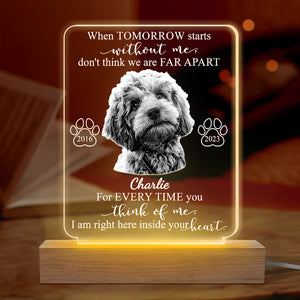 Photo personnalisée « Chaque fois que tu penses à moi » – Lampe LED 3D personnalisée en forme de mémorial – Cadeau de condoléances pour les propriétaires et les amoureux des animaux