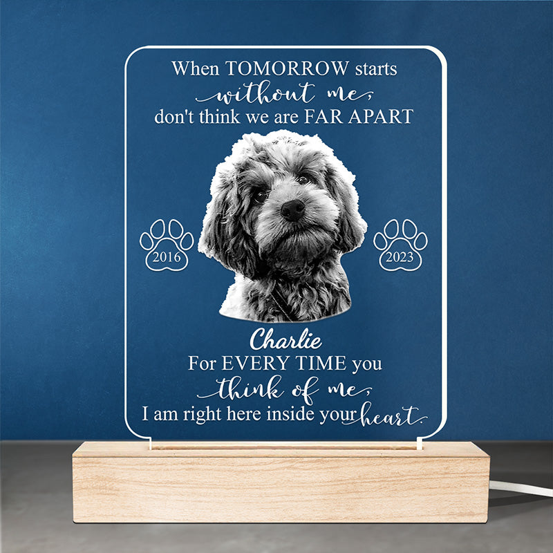 Photo personnalisée « Chaque fois que tu penses à moi » – Lampe LED 3D personnalisée en forme de mémorial – Cadeau de condoléances pour les propriétaires et les amoureux des animaux