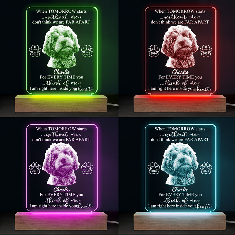 Photo personnalisée « Chaque fois que tu penses à moi » – Lampe LED 3D personnalisée en forme de mémorial – Cadeau de condoléances pour les propriétaires et les amoureux des animaux