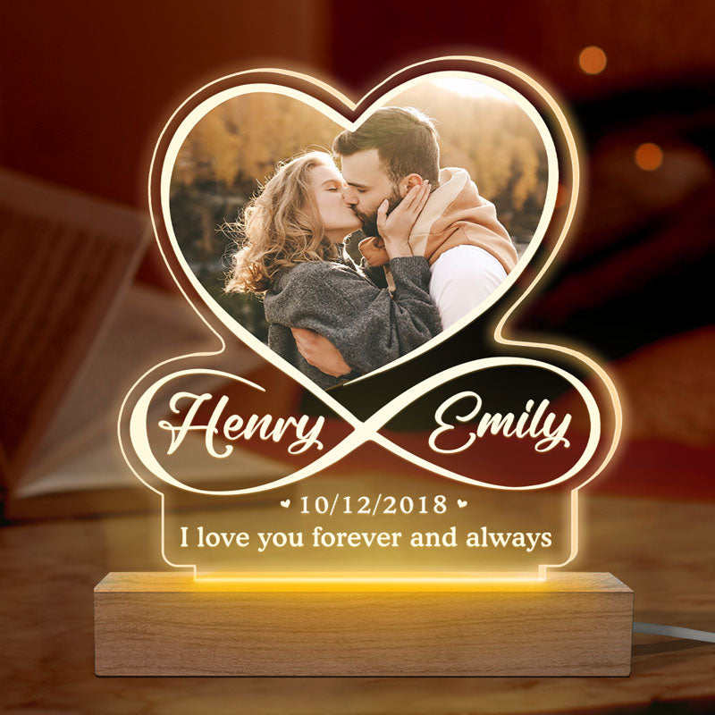 Photo personnalisée « Je t'aime à l'infini et au-delà » - Couple personnalisé personnalisé en forme de cœur infini lumière LED 3D - Cadeau pour mari femme, anniversaire