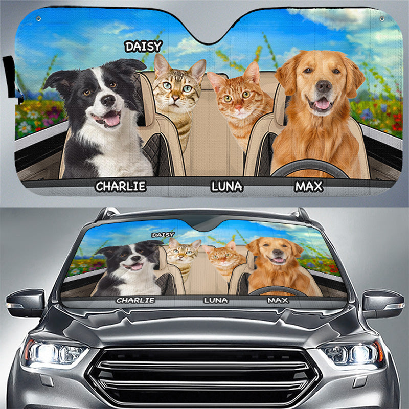 Photo personnalisée « Ensemble, on y va » - Pare-soleil de pare-brise de voiture personnalisé pour chien et chat, protection de fenêtre de voiture - Cadeau pour propriétaires d'animaux et amoureux des animaux