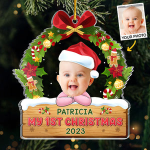 Photo personnalisée Mon premier Noël - Décoration personnalisée en famille - Acrylique de forme personnalisée - Cadeau de Noël pour bébé, enfant, nouveau-né