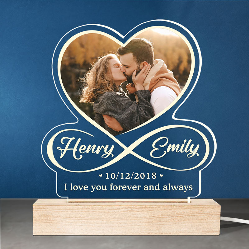 Photo personnalisée « Je t'aime à l'infini et au-delà » - Couple personnalisé personnalisé en forme de cœur infini lumière LED 3D - Cadeau pour mari femme, anniversaire