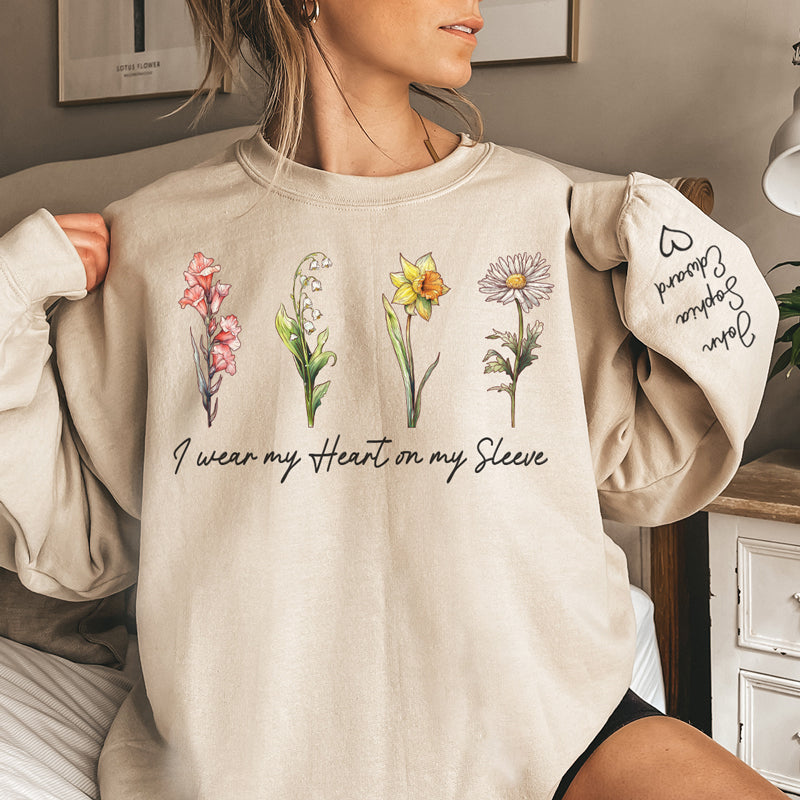 Mon cœur sur ma manche - Sweat-shirt unisexe personnalisé avec motif sur la manche - Cadeau d'anniversaire pour maman, grand-mère