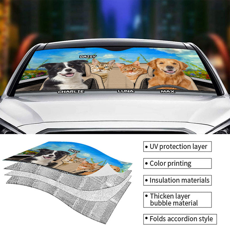 Photo personnalisée « Ensemble, on y va » - Pare-soleil de pare-brise de voiture personnalisé pour chien et chat, protection de fenêtre de voiture - Cadeau pour propriétaires d'animaux et amoureux des animaux
