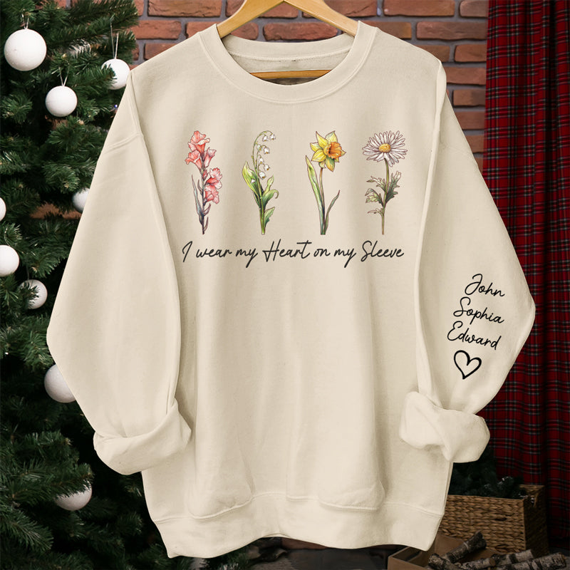 Mon cœur sur ma manche - Sweat-shirt unisexe personnalisé avec motif sur la manche - Cadeau d'anniversaire pour maman, grand-mère