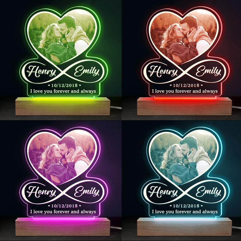 Photo personnalisée « Je t'aime à l'infini et au-delà » - Couple personnalisé personnalisé en forme de cœur infini lumière LED 3D - Cadeau pour mari femme, anniversaire
