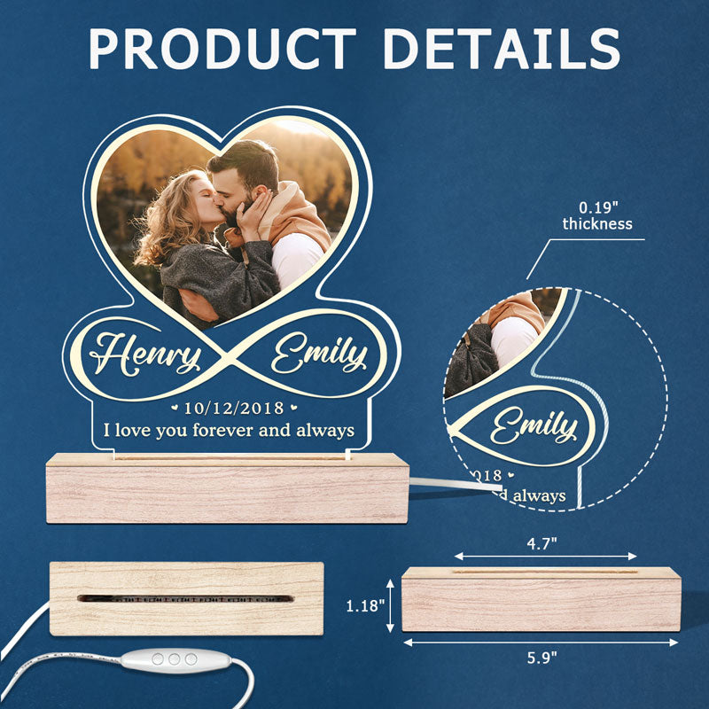 Photo personnalisée « Je t'aime à l'infini et au-delà » - Couple personnalisé personnalisé en forme de cœur infini lumière LED 3D - Cadeau pour mari femme, anniversaire