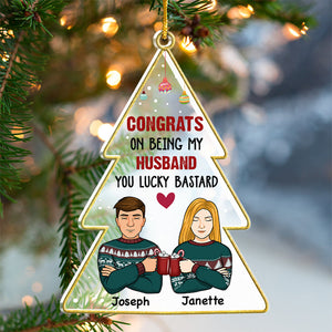 Félicitations, veinard ! Ornement personnalisé pour couple en acrylique en forme de sapin de Noël. Cadeau de Noël pour mari et femme, anniversaire.
