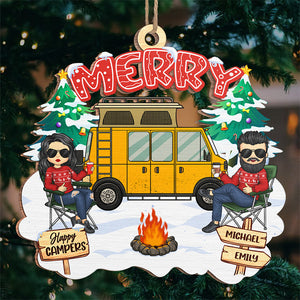 Joyeux campeurs - Ornement personnalisé pour couple - Forme en bois personnalisée - Cadeau de Noël pour mari, femme, anniversaire, amoureux du camping