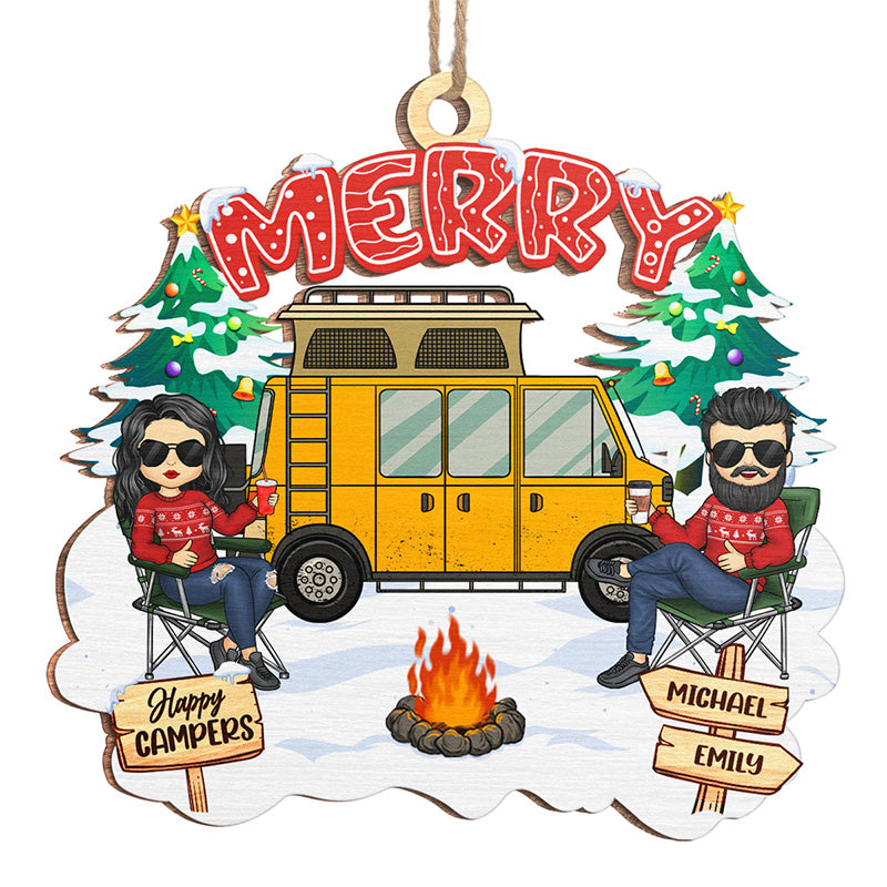 Joyeux campeurs - Ornement personnalisé pour couple - Forme en bois personnalisée - Cadeau de Noël pour mari, femme, anniversaire, amoureux du camping