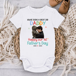 Photo personnalisée : Joyeuse fête des Pères ! - Body bébé personnalisé pour la famille - Cadeau de fête des Pères, cadeau de baby shower, cadeau pour le premier papa
