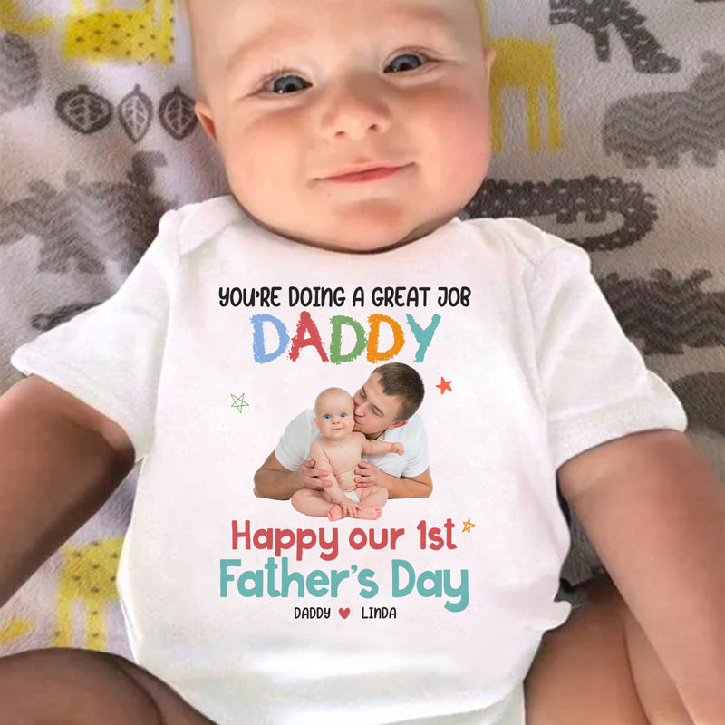 Photo personnalisée : Joyeuse fête des Pères ! - Body bébé personnalisé pour la famille - Cadeau de fête des Pères, cadeau de baby shower, cadeau pour le premier papa